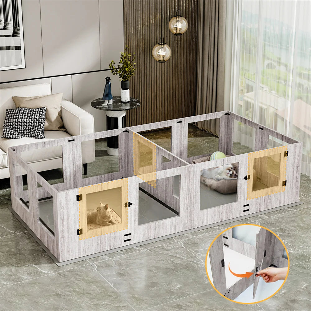 XXL Dog Whelping Box Playpen Indoor Tempered Glass Pet Two Rooms Giving Birth Kennel Playpen with Rails Waterproof Fertility Pad