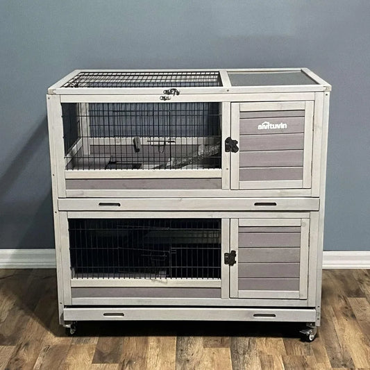 Rabbit Hutch Indoor Outdoor Bunny Hutch Pull Out Tray Guinea Pig Cage with Bottom Wire-Netting, On Wheels