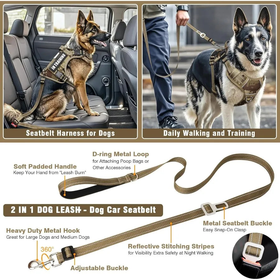 Tactical Dog Harness and Leash Set for Large Dogs: Heavy Duty No Pull Service Dog Vest with 10 Patches Reflective Adjustable Pe