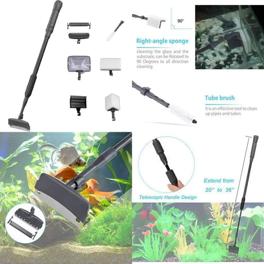 6IN1 Carbon Fiber Aquarium Cleaning Tools Long Handle Adjustable Length 20~36Inches Fish Tank Cleaner Kit Alage Scraper Scrubbe