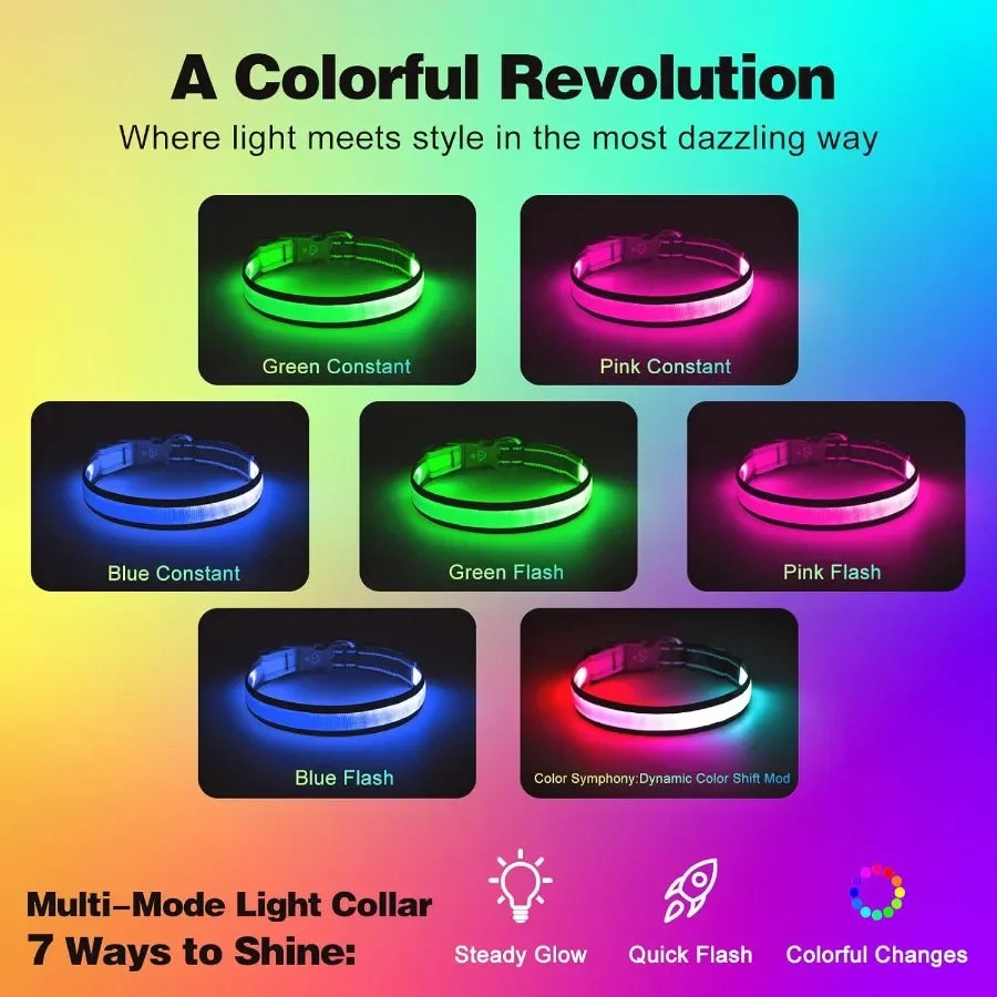 Light Up Dog Collar lticolor LED Dog Collar with 7 Lighting Modes USBC Rechargeable RealTime Battery Indicator Waterproof Adjus