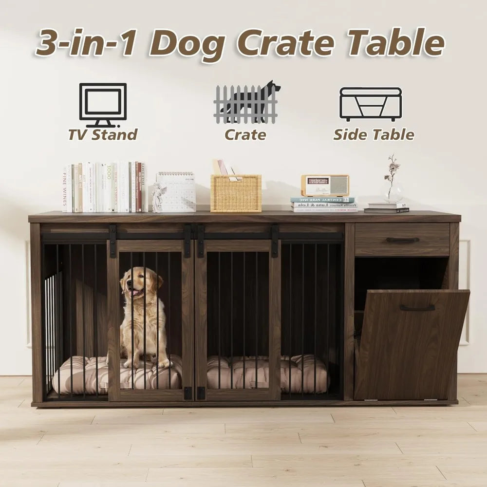Large Wooden Double Dog Crate with Storage Drawers for 71 Inch, Suitable for Two Dogs