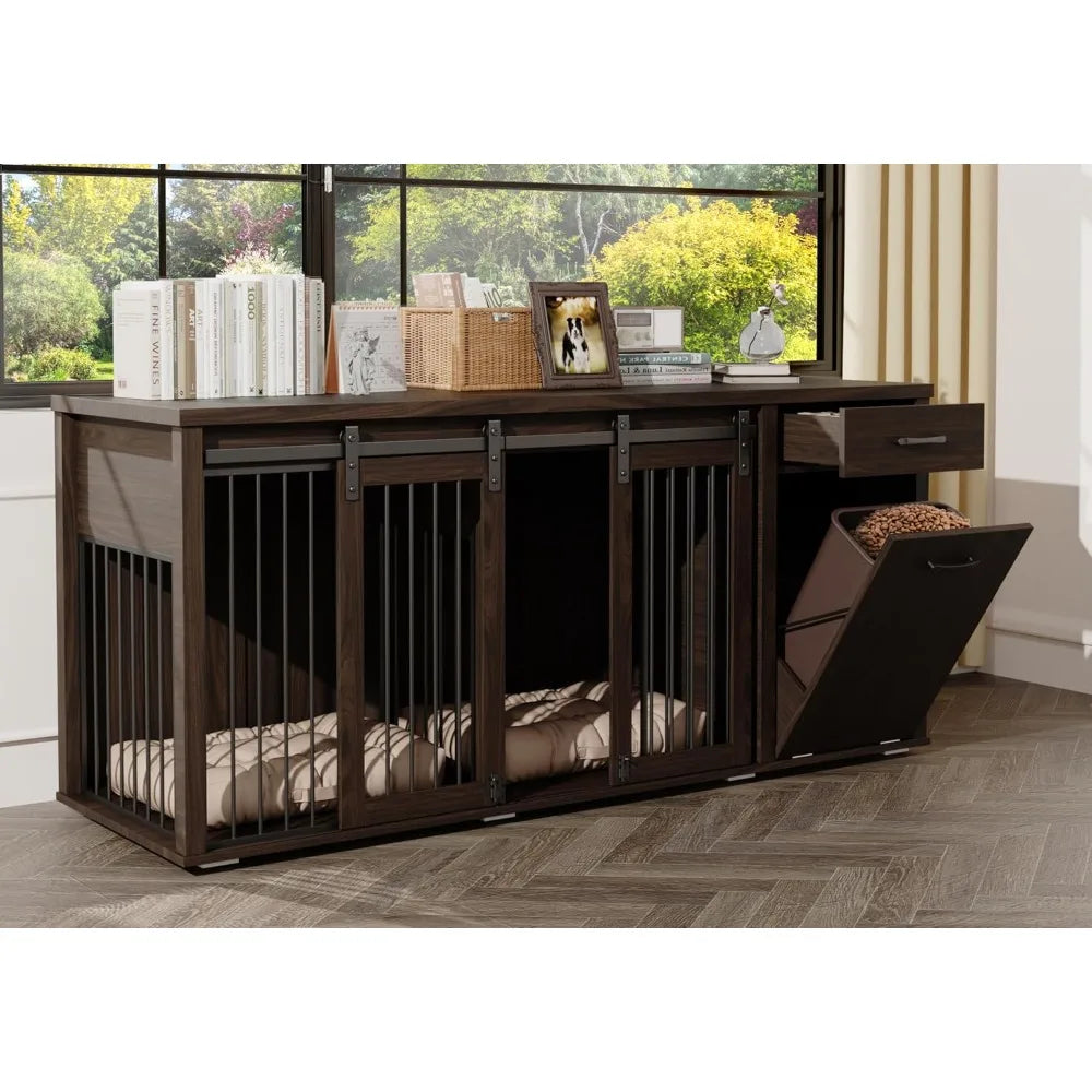 Large Wooden Double Dog Crate with Storage Drawers for 71 Inch, Suitable for Two Dogs