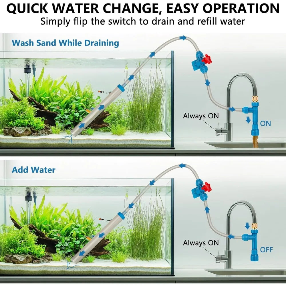 fishkeeper 25FT/50FT Aquarium Gravel Vacuum Water Changer - Flow Adjustable Faucet Universal Siphon Quick Pump with 6 Adapters,