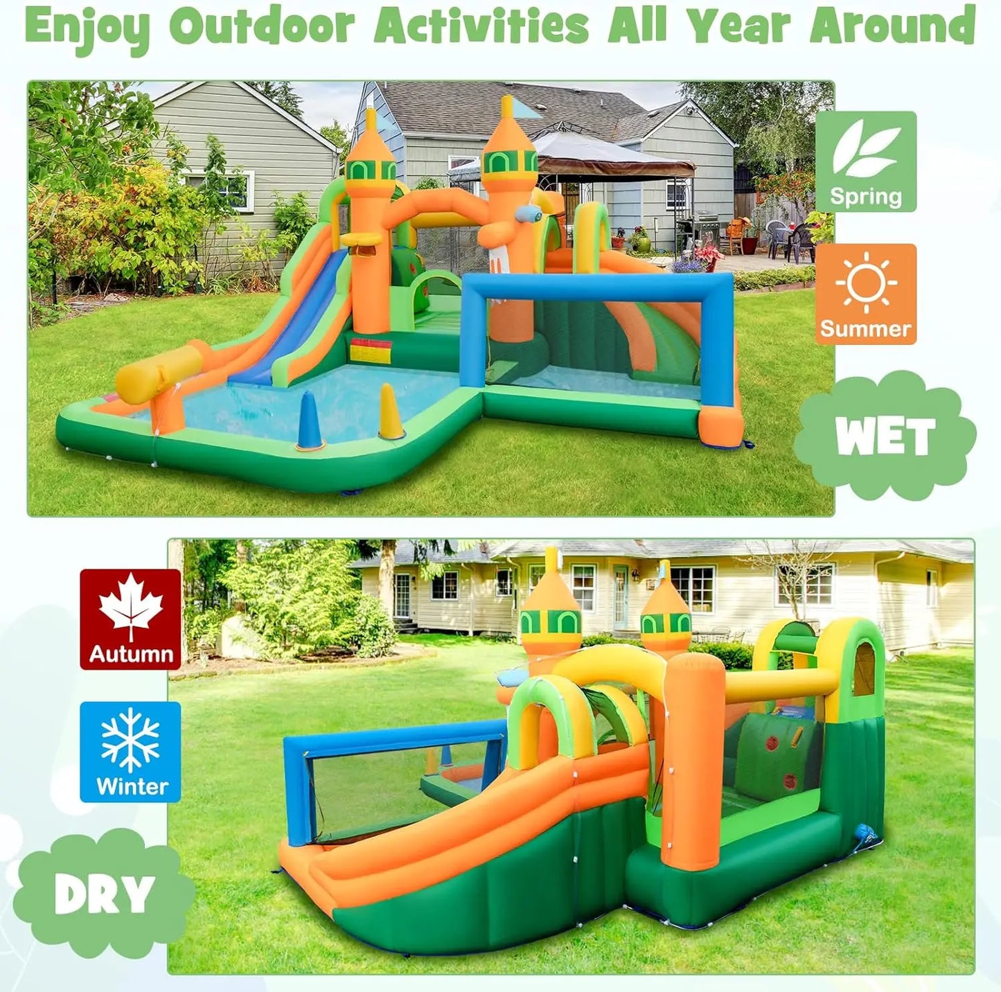 Inflatable Water Slide, 9 in 1 Waterslide Bounce House Water Park w/Dual Slides, Splash Pool, Climb Wall, Soccer Gate, Water Sli