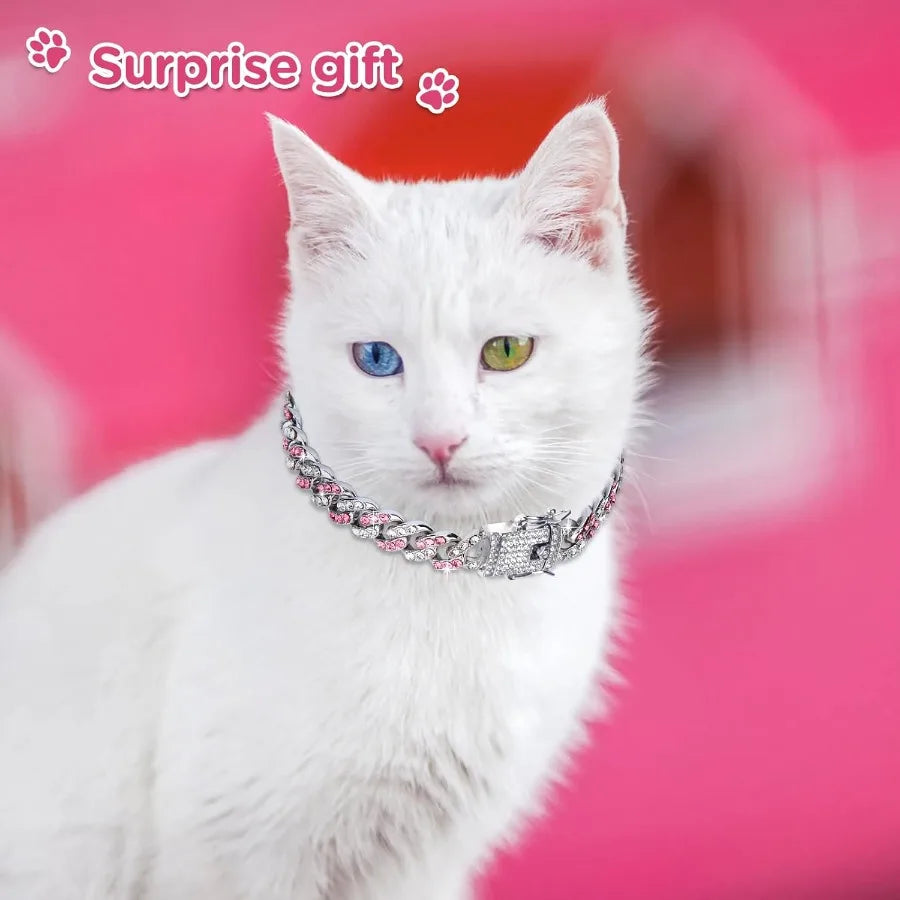 9inch Glitter Dog Collar Pink Silver Diamond Collars Cuban Girl Necklace Puppy Pet Metal Link Chain with Buckle Christmas Pet J