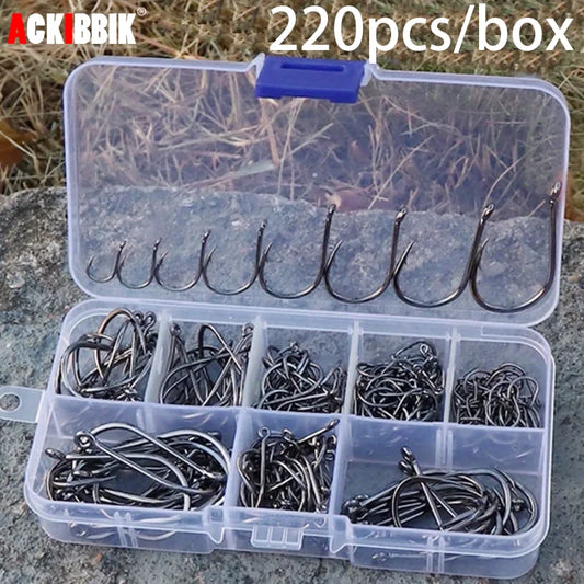 Ackibbik 220pcs/set Fishing Hooks Freshwater Saltwater Fishing Gear Fishing Tackle Large Size Set Worm Soft Bait Jig Fishhooks
