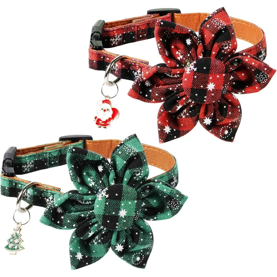 2pcs Christmas Dog Collar with Flower Adjtable Plaid Dog Collar Detachable Holiday Dog Collars with Pendant Snowflake Pet Chris