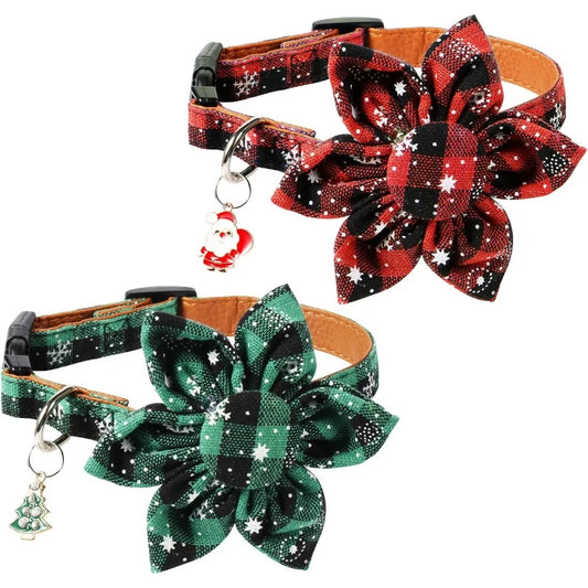 2pcs Christmas Dog Collar with Flower Adjtable Plaid Dog Collar Detachable Holiday Dog Collars with Pendant Snowflake Pet Chris