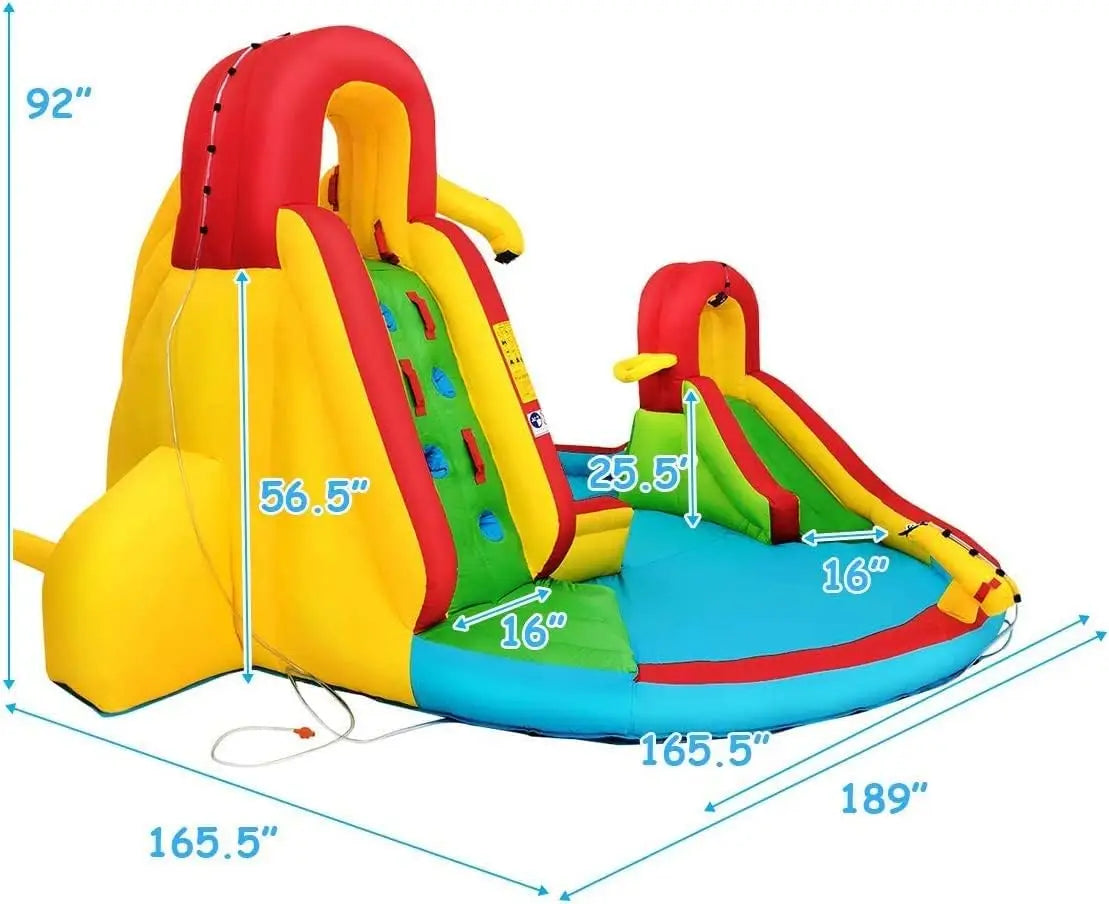 Inflatable Water Slide with 550w Blower, 7 in 1 Bouncy Inflatable Water Park w/Two Slides, Climbing Wall & Splash Pool, Hose