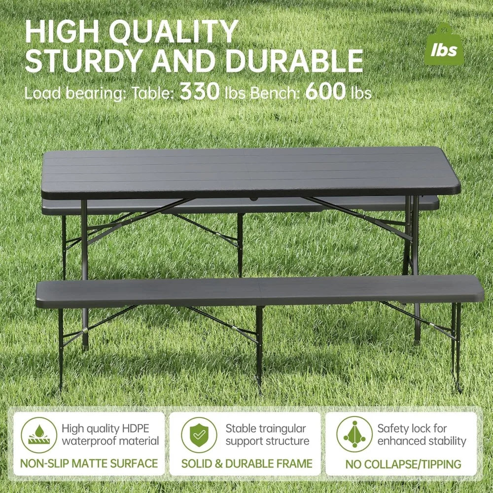 6 Foot Folding Picnic Table Set with Two Benches, Portable Black HDPE Wood-Grain Outdoor Camping Furniture