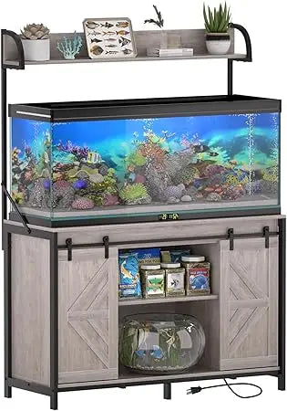 55-75 Gallon Fish Tank Stand with Power Outlets, Heavy Duty Metal Frame Aquarium Stand with Barn Door, Turtle Reptile Terrariums