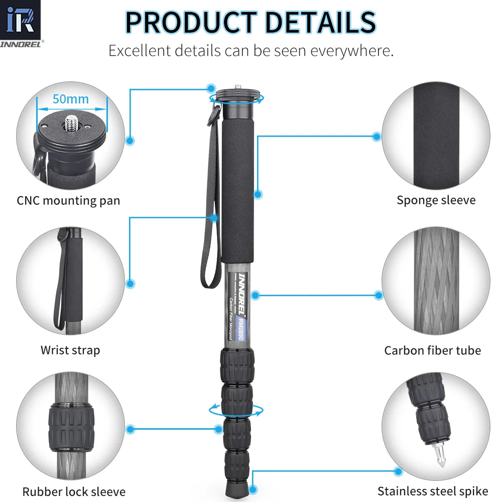 INNOREL RM285C/RM325C Professional Travel Carbon Fiber Camera Monopod for Canon Nikon Sony DSLR Camera Video Camcorder 5-Section