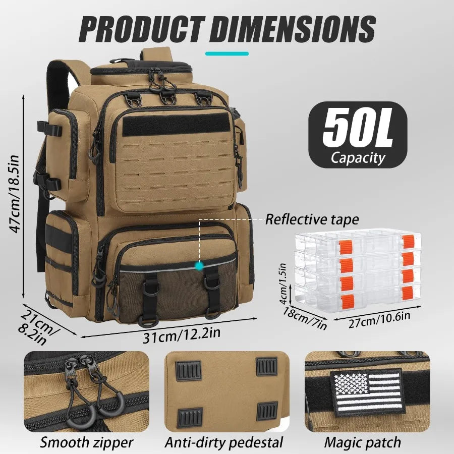 Tactical Fishing Backpack with Tackle Boxes Rod Holders Bottle Holder 50 L Large Durable Fishing Bag Store Gear and Equipment 9