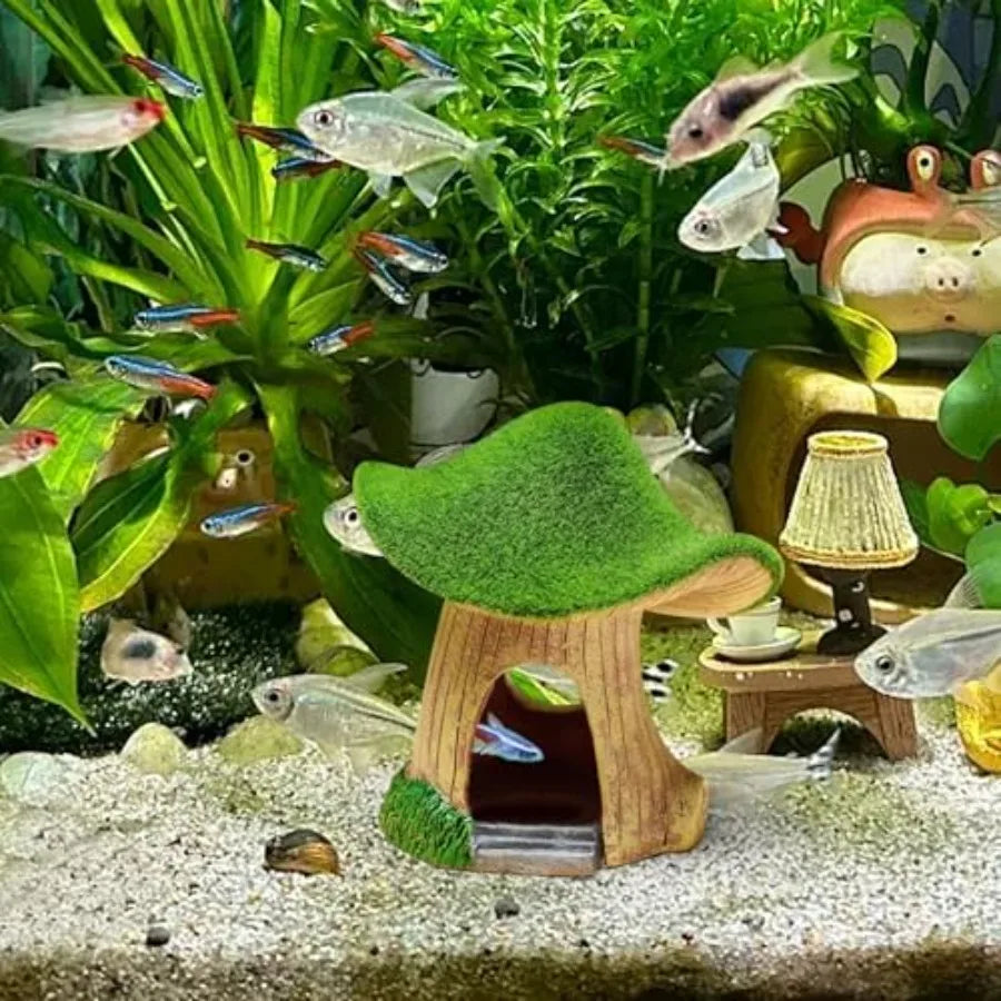 Mushroom Fish Tank Accessories Resin Aquarium Decorations with Hollow Hole Fishtank Decorations for Shrimp Betta Betta Fishtank