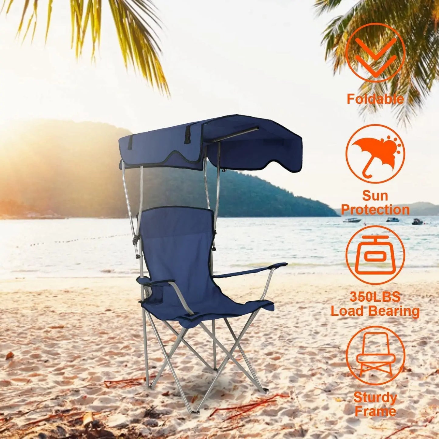 Camping Chair with Canopy, Outdoor Folding Lounge Chair with Adjustable UPF 50+ Sun Shade & Cup Holder, Portable Camping Recline