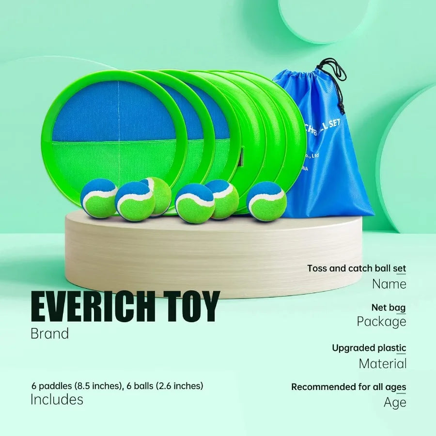 Toss and Catch Ball Game Set - Indoor and Outdoor Games for Kids 3-12, Beach Sand Pool Water Toy Includes 6 Paddles 6 Sticky Bal