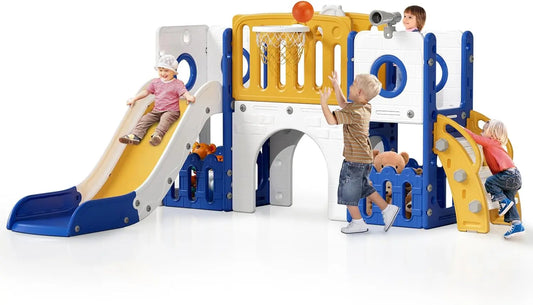 Toddler Slide, 9 in 1 Kids Slide and Climber Playset Indoor Outdoor Playground for Children, w/Basketball Hoop & Ball Telescope