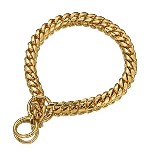 Strong 18K Gold Plated Dog Chain Collar Stainless Steel Width 10mm12mm 15mm 18mm Cuban Link Choke Collar for Dog's Training Dai