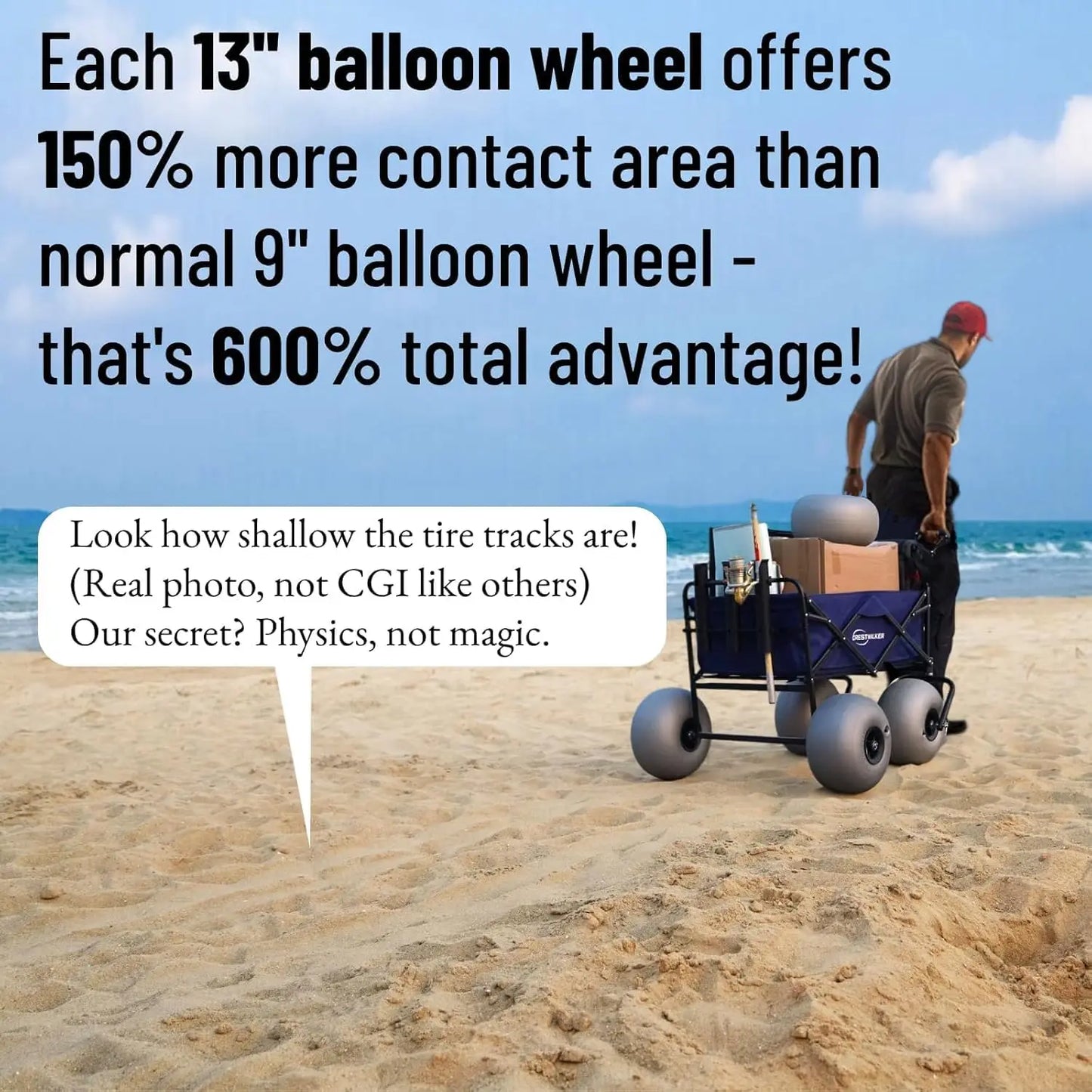 Beach Cart with 13" Balloon Wheels, Collapsible Beach Wagon with Big Wheels for Sand, Pump Included (Beach Wagon)