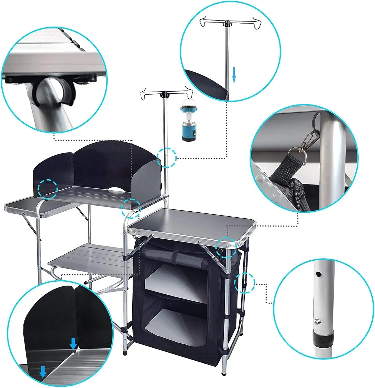 Folding Cooking Table Outdoor Portable Cook Station Aluminum Camping Kitchen with Storage Organizer Windscreen Hooks for BBQ Par