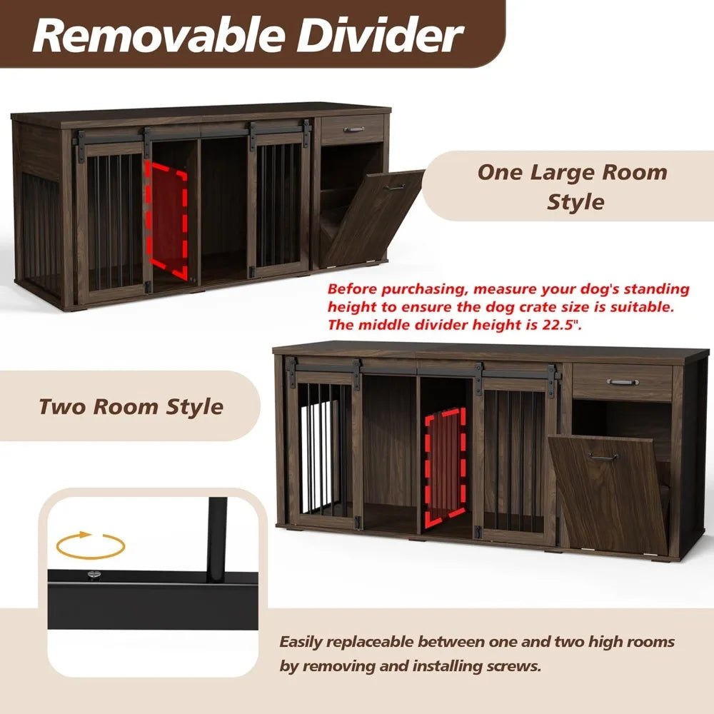 Large Wooden Double Dog Crate with Storage Drawers for 71 Inch, Suitable for Two Dogs