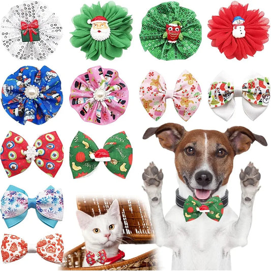 12pcs Christmas Small Dogs Collar Charms Flowers Bow Ties for Xmas Holiday Party Costumes Medium Dog Cats Doggies Collars Attac
