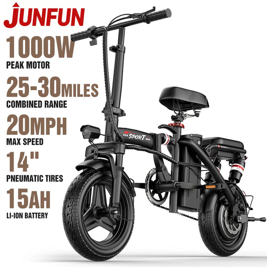 JUNFUN Electric Bike for Adults, 1000W Motor, 48V 15AH 14" Folding Mini Electric Bicycle E Bike for Adults Commute, City Road