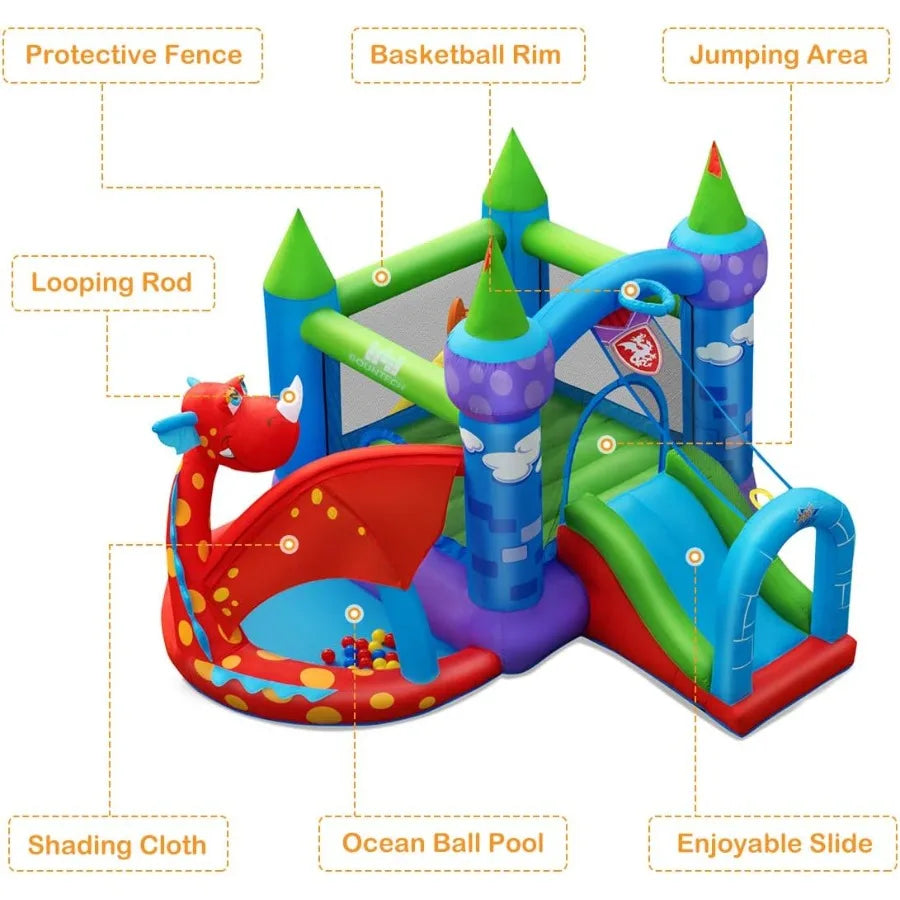 Inflatable Bounce House, Dragon Bouncy House for Kids Indoor Outdoor Party w/Jump Area, Basketball Rim, Toddler Jump Castle Boun