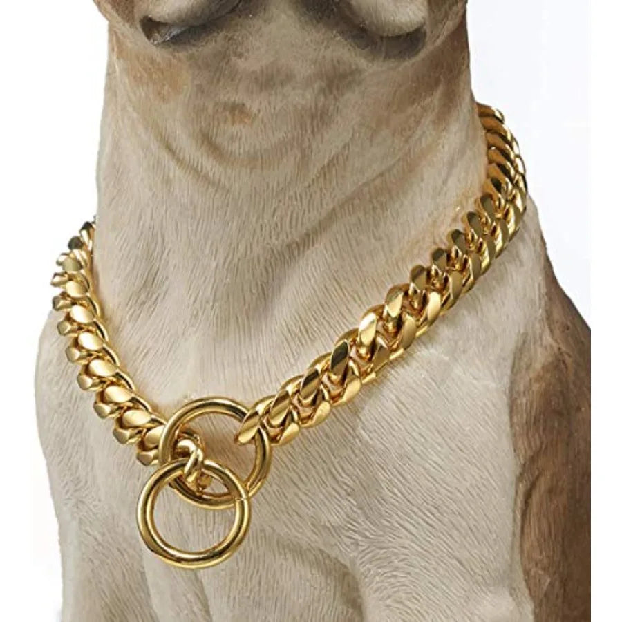 Strong 18K Gold Plated Dog Chain Collar Stainless Steel Width 10mm12mm 15mm 18mm Cuban Link Choke Collar for Dog's Training Dai