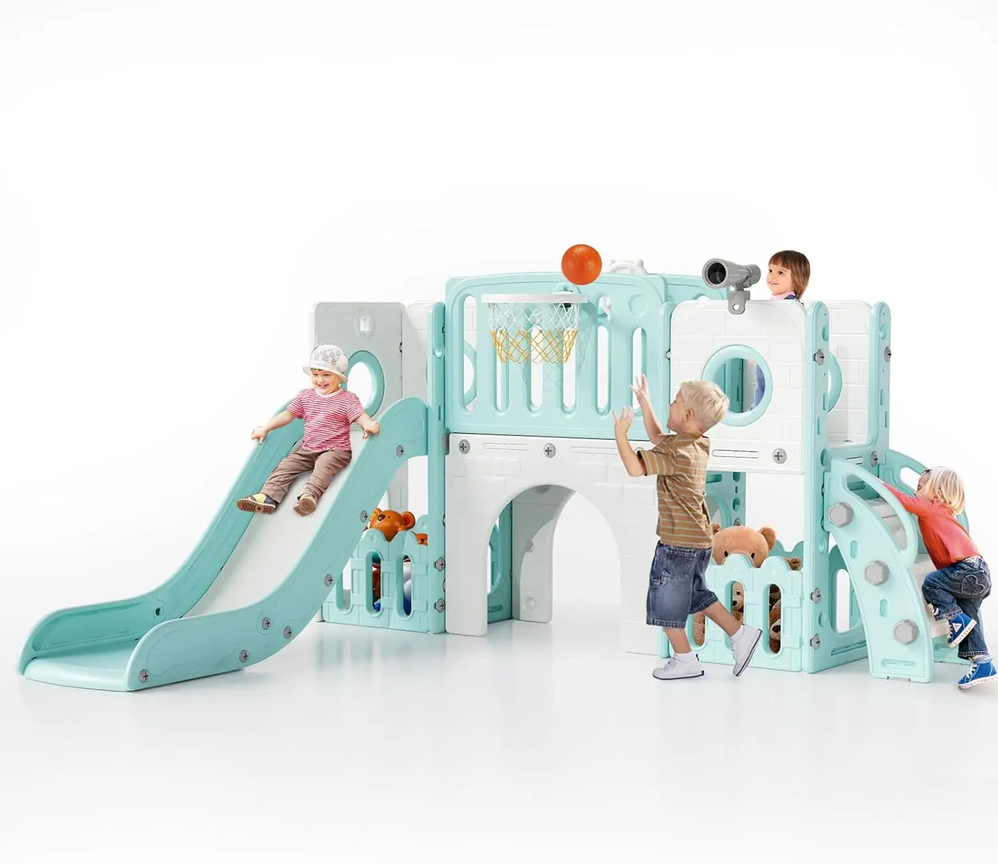 Toddler Slide, 9 in 1 Kids Slide and Climber Playset Indoor Outdoor Playground for Children, w/Basketball Hoop & Ball Telescope