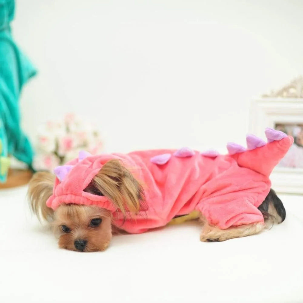 DELIFUR Dinosaur Dog Halloween Costume Pet Dino Hoodie for Small Dogs Cats (M, Pink)