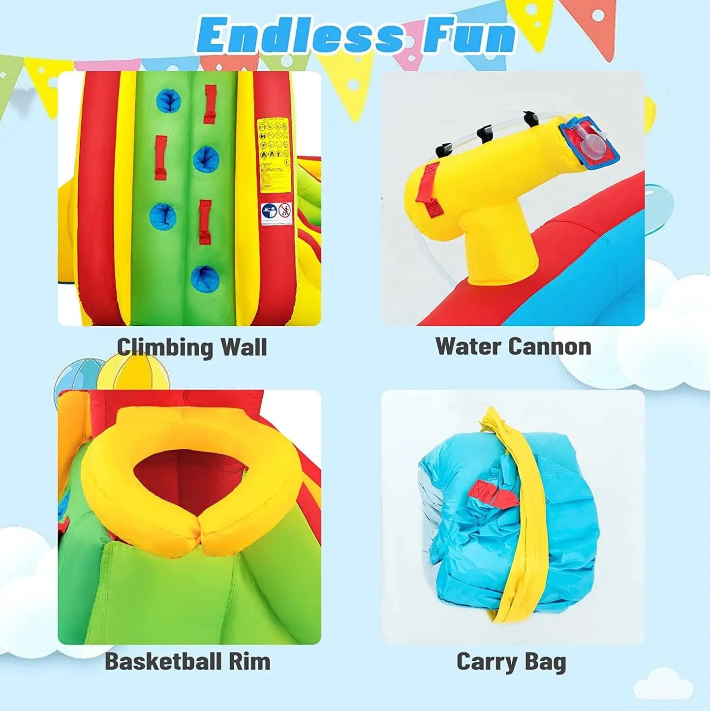 Inflatable Water Slide with 550w Blower, 7 in 1 Bouncy Inflatable Water Park w/Two Slides, Climbing Wall & Splash Pool, Hose