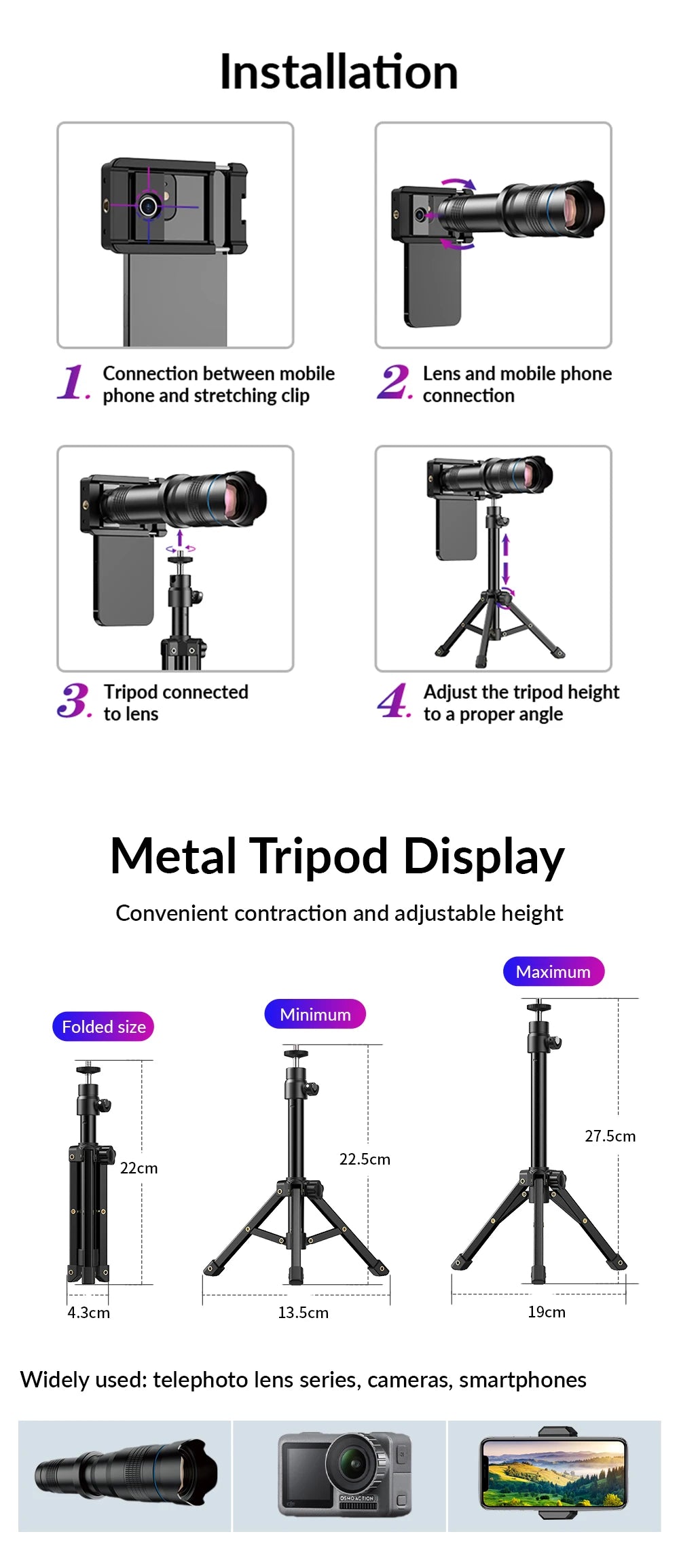 APEXEL 36X Metal Telephoto Lens with Tripod Zoom Telescope Monocular  for iPhone Samsung Shooting Birds Watching Concert Sports