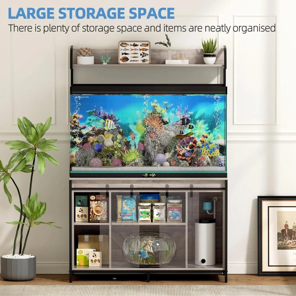 55-75 Gallon Fish Tank Stand with Power Outlets, Heavy Duty Metal Frame Aquarium Stand with Barn Door, Turtle Reptile Terrariums