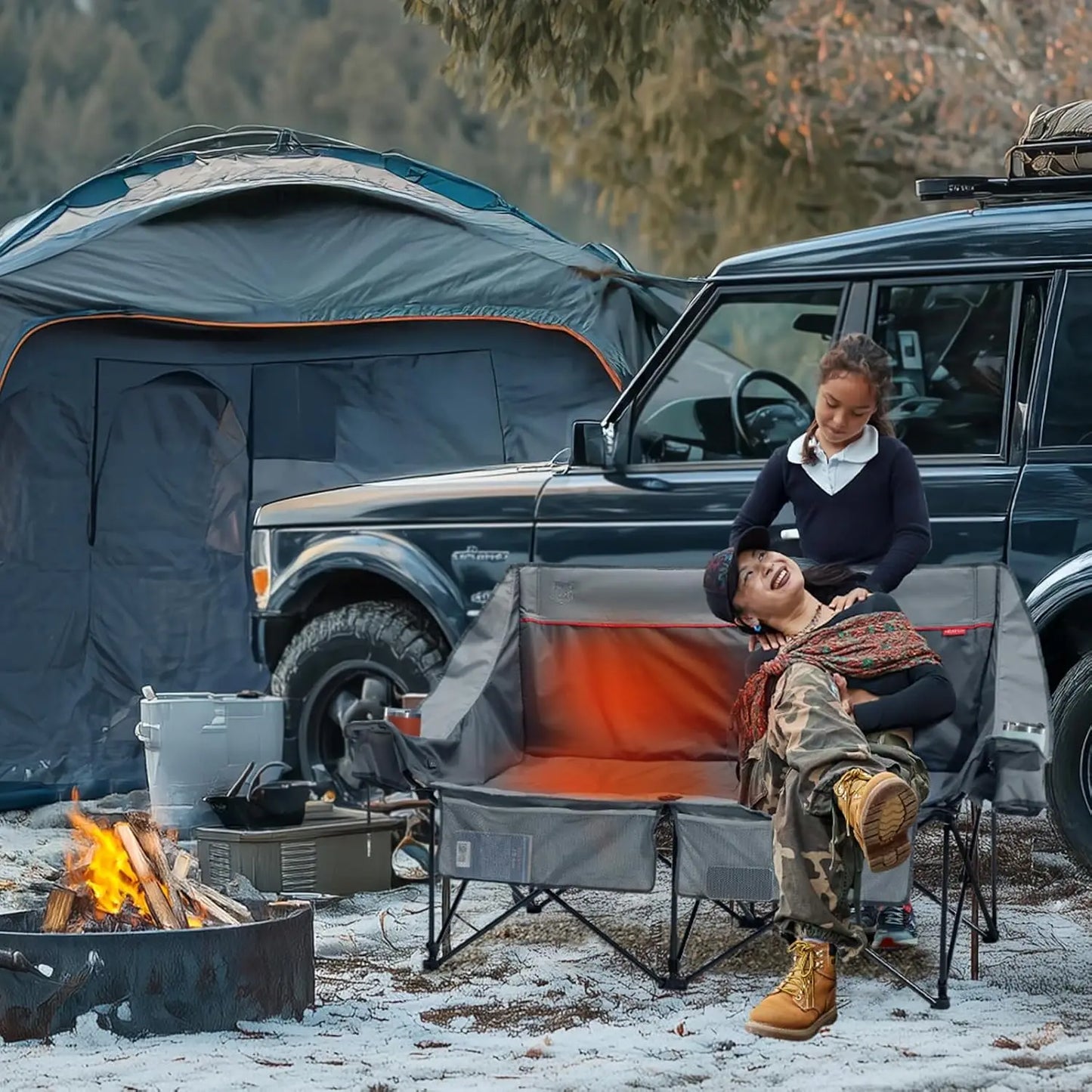 [Best Seller!]Heated Double Camping Chair, 700 lbs Heavy Duty Outdoor Folding Camp Couch, Oversized Comfort Loveseat Camping Cha