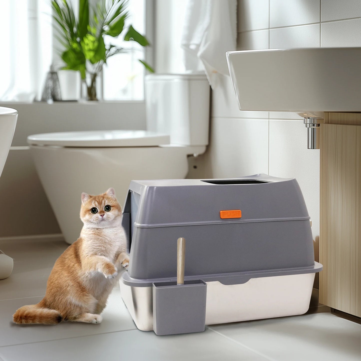 Bingopaw Cat Litter Box with Lid, Enclosed Potty, Large Top Entry Anti-Splashing Toilet, Easy to Clean Including Litter Scoop