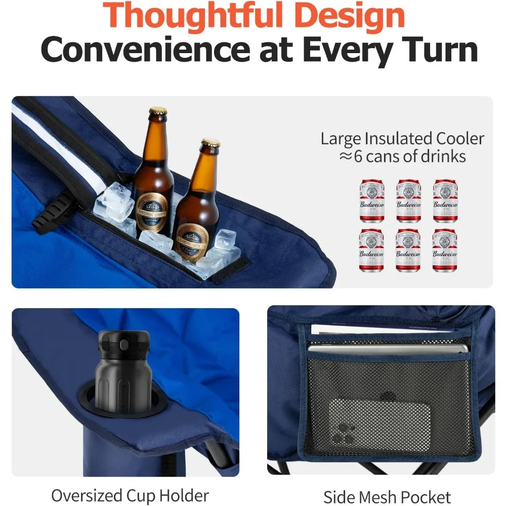 Oversized XL Camping Chair for Adults - 450lbs Support Heavy-Duty Padded Folding Chair with Side Pocket Cup Holder Cooling Bag