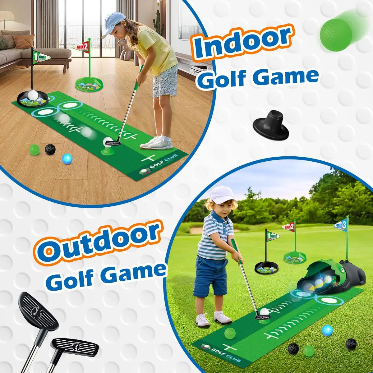 Kids Toy Golf Club Set with  LED Automatic Ball Returner, Golf Putting Mat Toddler Mini Golf Game Sports Gift for 3+  Boys Girls