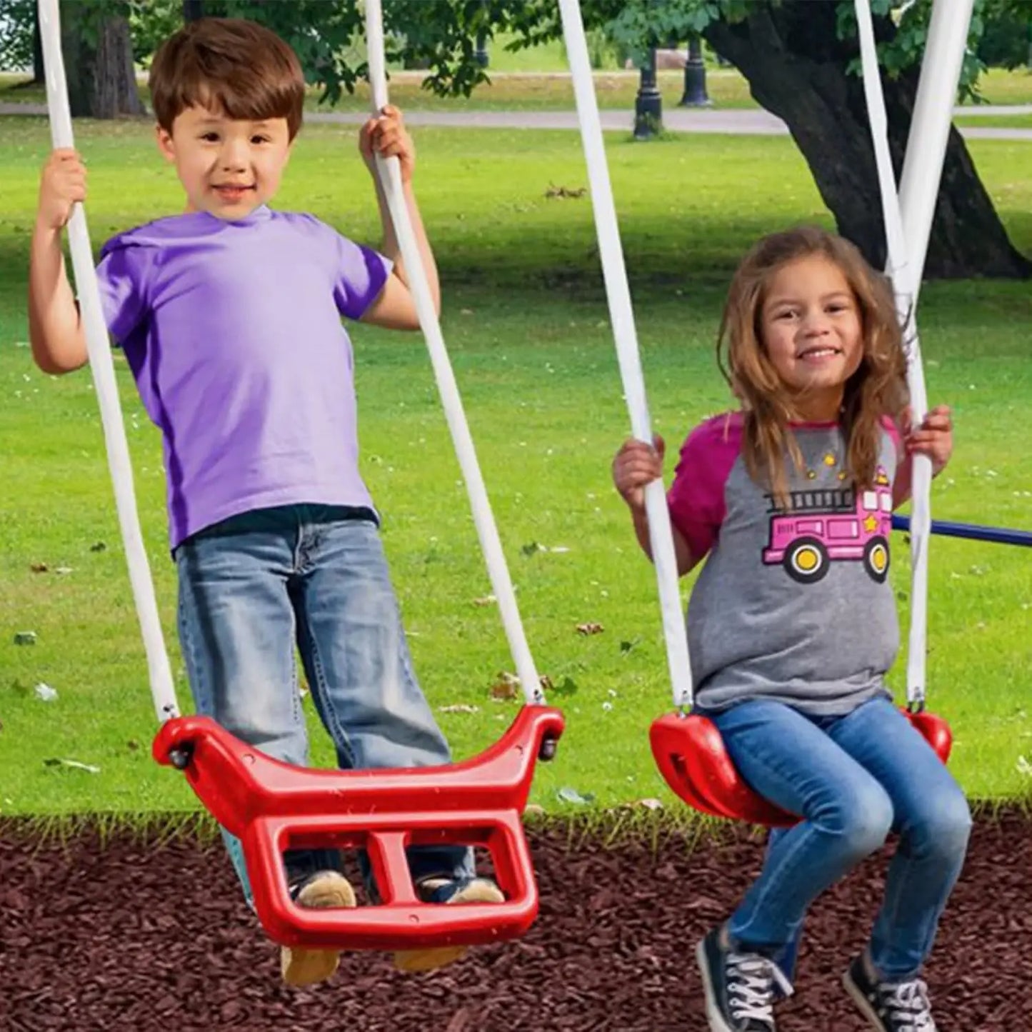 Freedom Fun Metal A-Frame Kids Outdoor Swing Set 7 Child Capacity Backyard Playground Toy Set with Slide, 3 Swing Types, and See