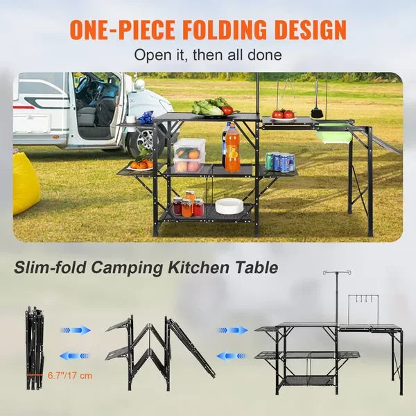 Camping Kitchen Table, Portable Cook Station, 3 Side Tables, 2 Shelves, Detachable Sink, Carrying Bag