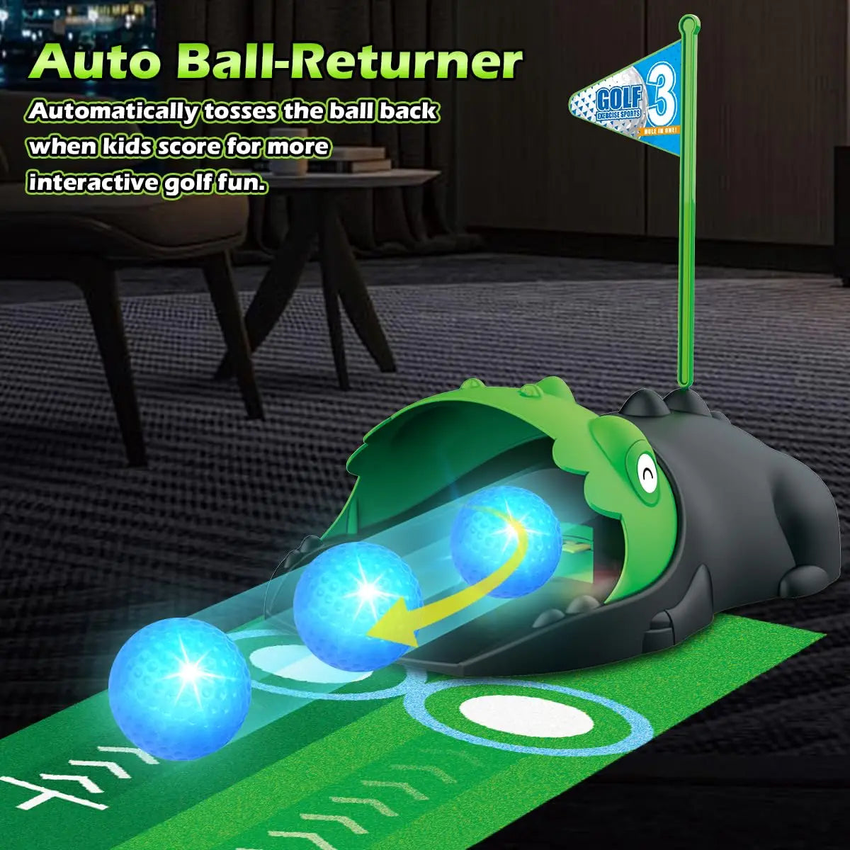 Kids Toy Golf Club Set with  LED Automatic Ball Returner, Golf Putting Mat Toddler Mini Golf Game Sports Gift for 3+  Boys Girls