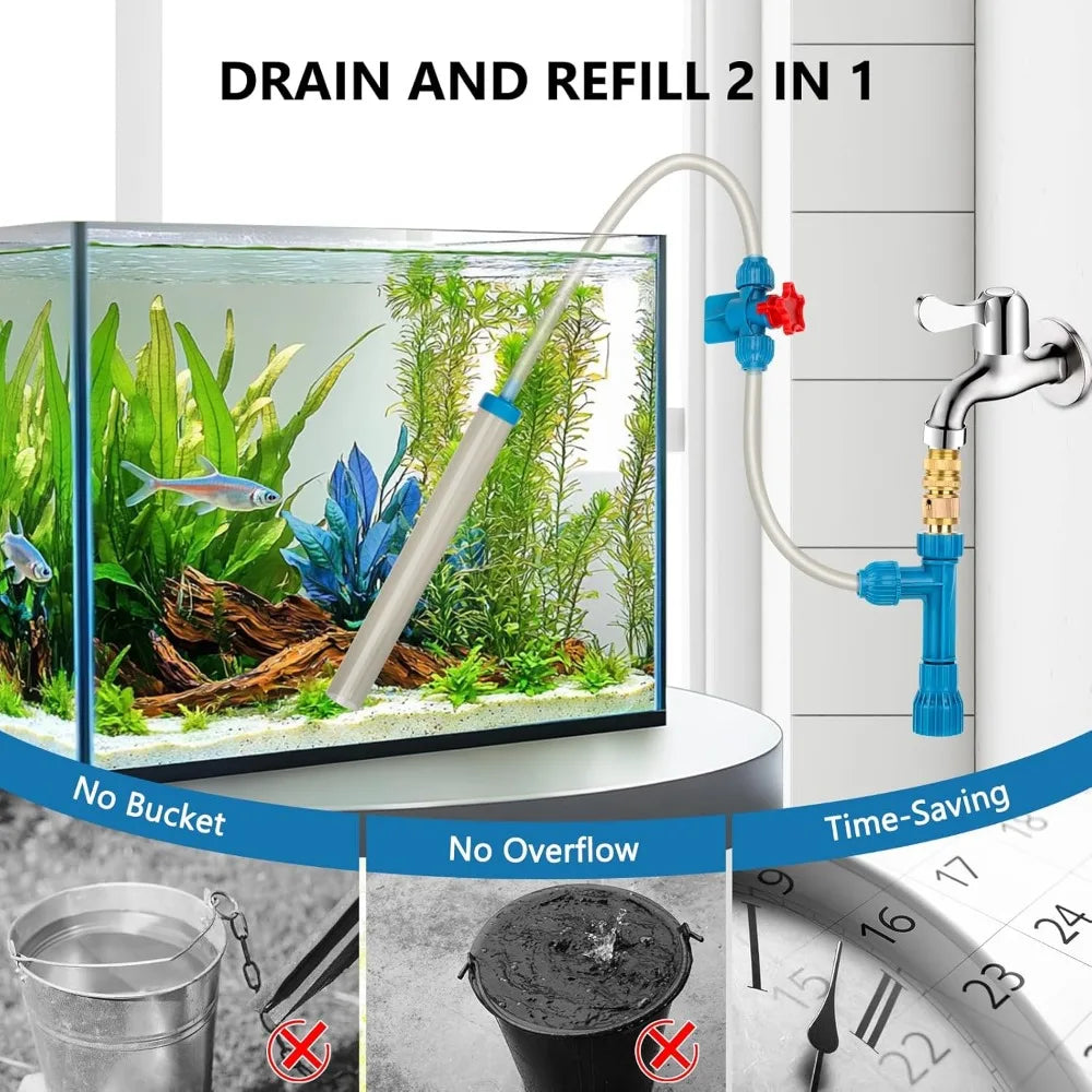 fishkeeper 25FT/50FT Aquarium Gravel Vacuum Water Changer - Flow Adjustable Faucet Universal Siphon Quick Pump with 6 Adapters,