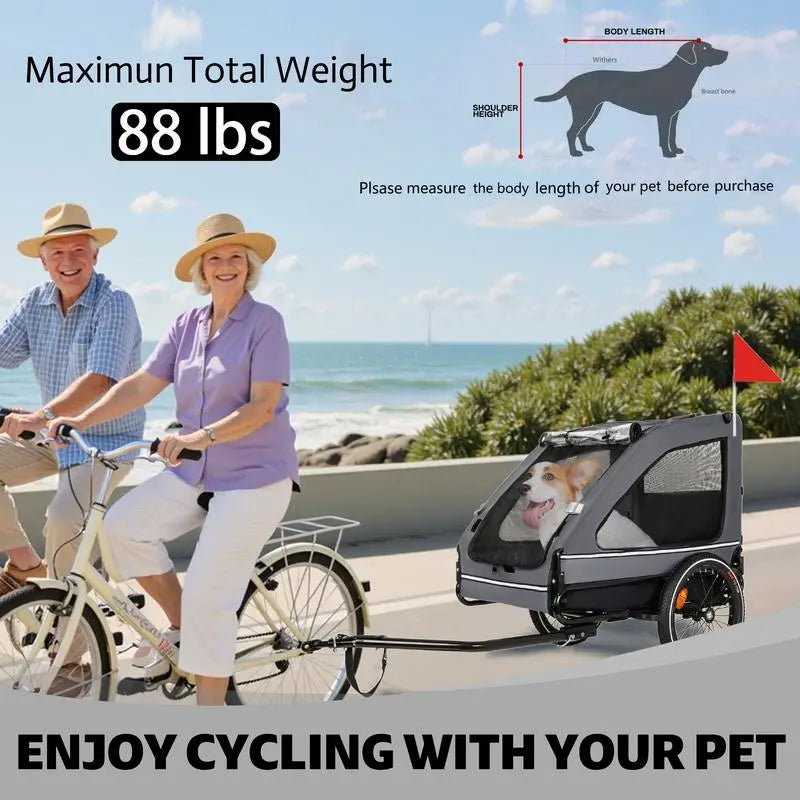 Pet Bike Trailer for Small & Medium Dogs, Easy Folding Frame, Quick Release Wheels, Non-Slip Floor, Internal Leash, Black &