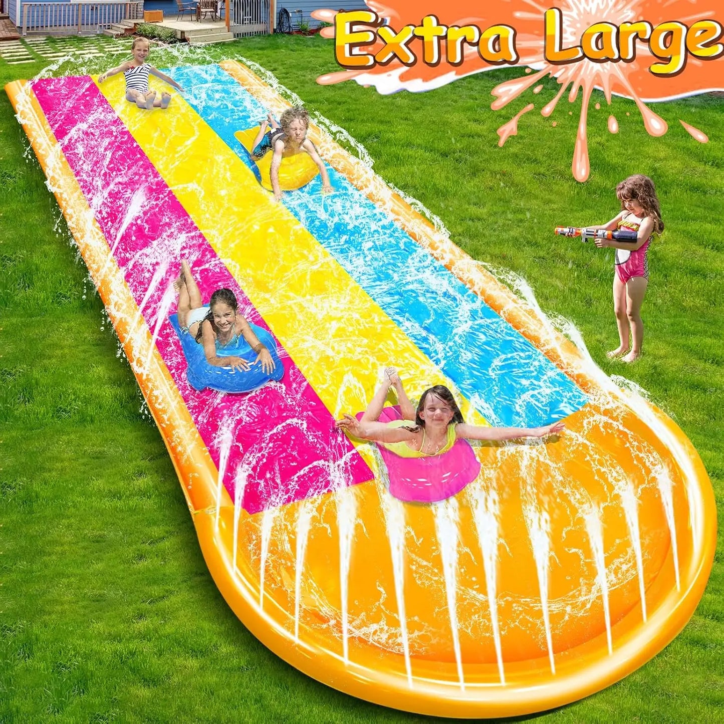 [ 3 Sided Safe Fence ] Extra Width Triple Slip Water Slide with 3-Way Sprinklers, Backyard Lawn Water Slides and 3 Bodyboards wi
