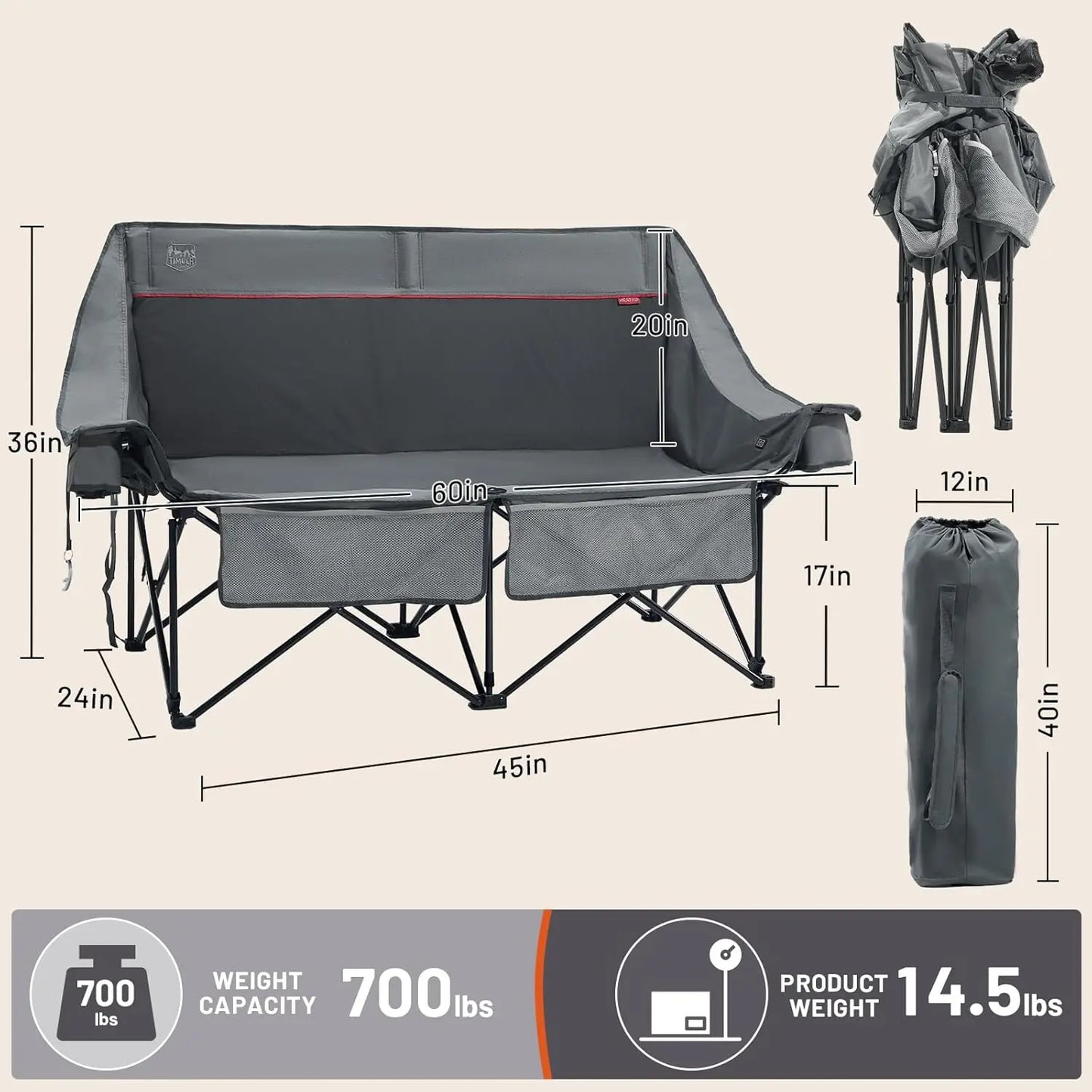 [Best Seller!]Heated Double Camping Chair, 700 lbs Heavy Duty Outdoor Folding Camp Couch, Oversized Comfort Loveseat Camping Cha