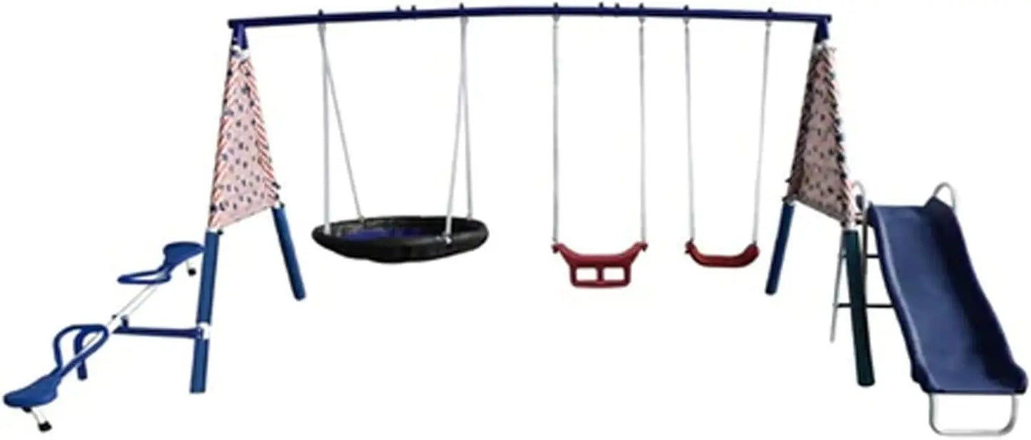 Freedom Fun Metal A-Frame Kids Outdoor Swing Set 7 Child Capacity Backyard Playground Toy Set with Slide, 3 Swing Types, and See