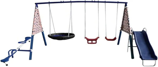 Freedom Fun Metal A-Frame Kids Outdoor Swing Set 7 Child Capacity Backyard Playground Toy Set with Slide, 3 Swing Types, and See