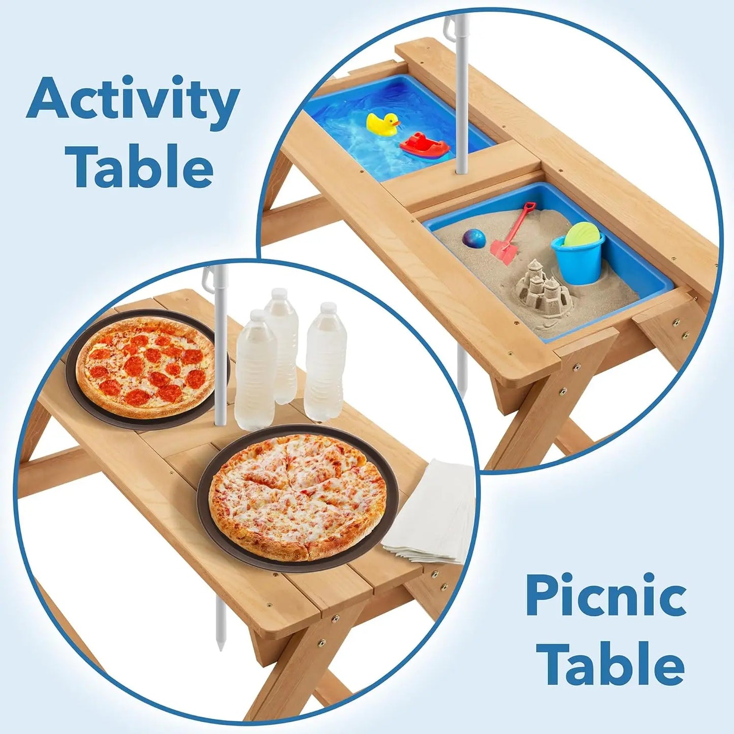 Children's Sand and Water Activity Table, 3-in-1 Wooden Outdoor Picnic Table with Umbrella, 2 Play Boxes and Removable Lid, Natu