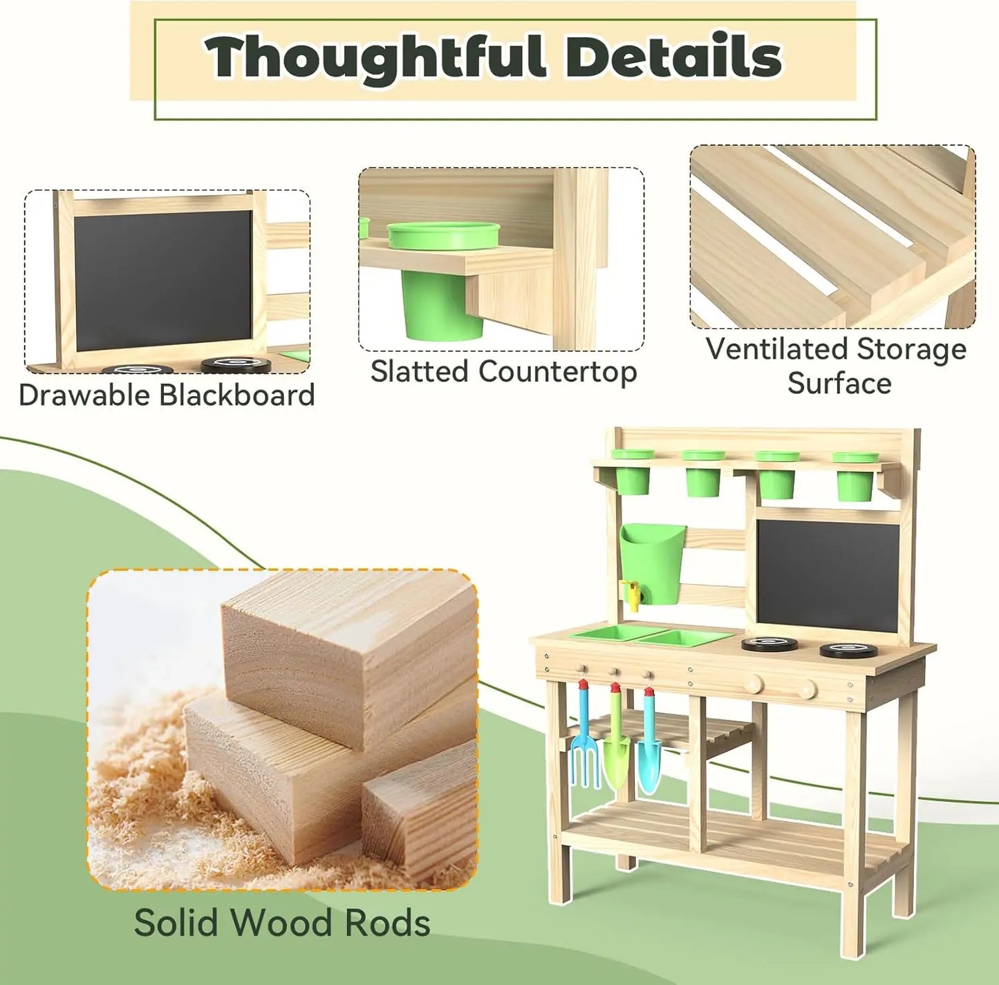 Cedar Wood Outdoor Play Kitchen for Kids, Mud Kitchen with Water Faucet, Dual-Sided Chalkboard, Storage Shelves, Cups, Removable